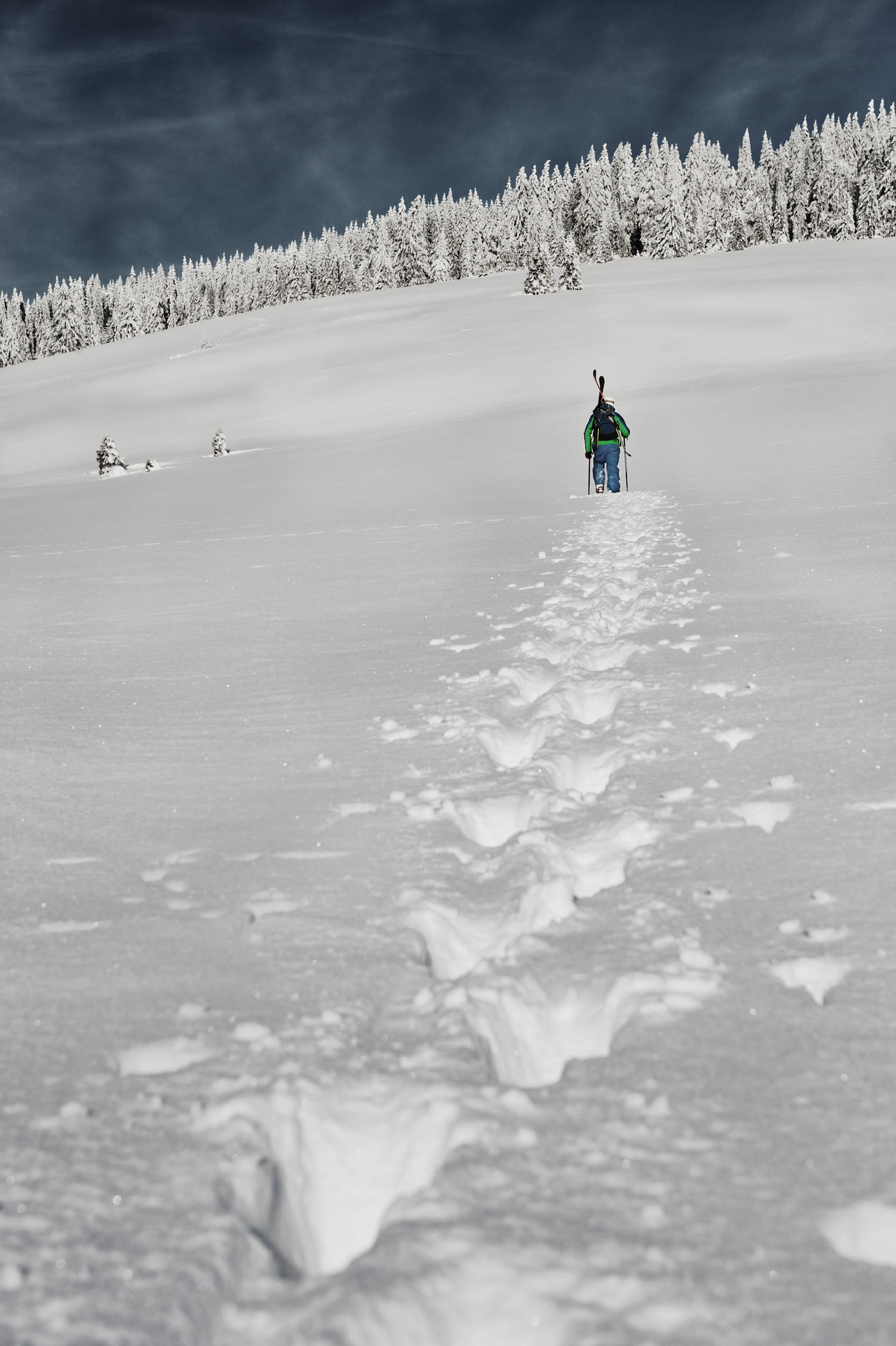 Freeride telemark skier climbing up a snowy slope with skis attached to his backpack.