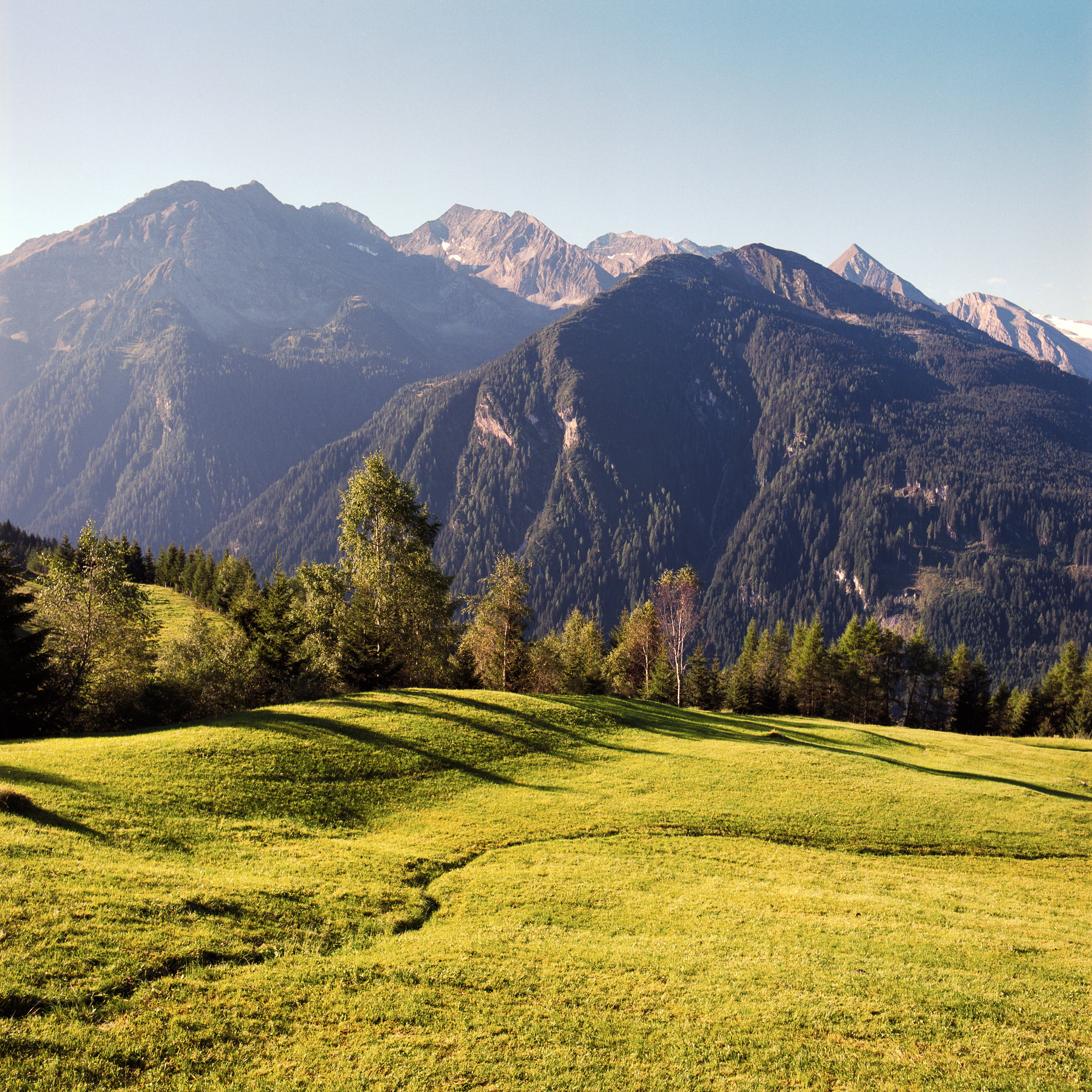 First sunlight hitting the top of alpine peaks. Shot on medium format color film.